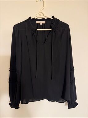 LOFT Black Tie-Neck Ruffle Trim Blouse